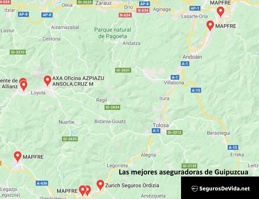 Mapa mejores aseguradoras en Guipuzcoa